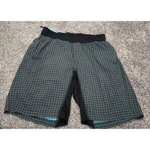 Lululemon Men's T.H.E. Shorts Double Lined Black w/ Teal Grid Pattern Small EUC